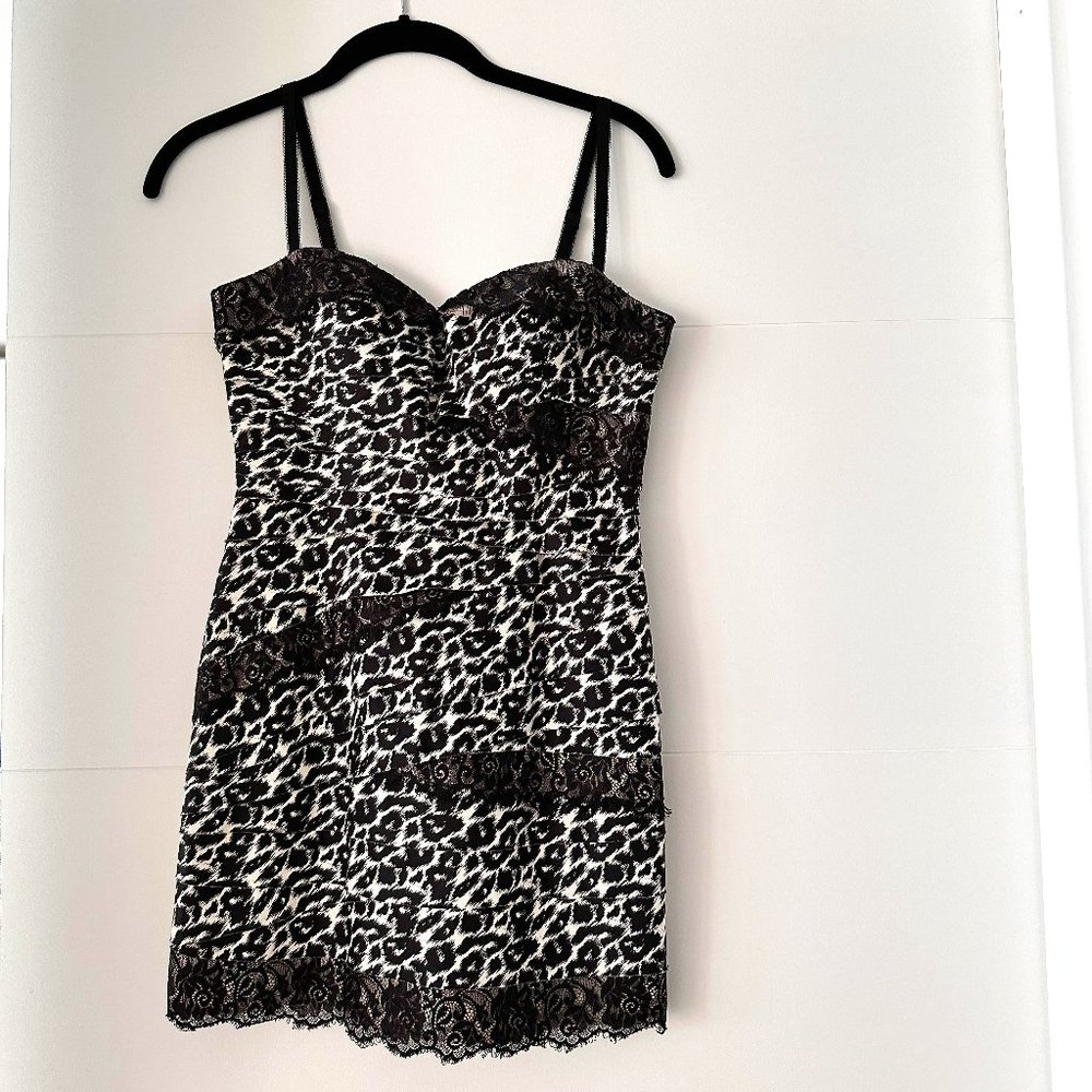 Bebe Black & White Lace and Leopard Cheetah Print Mini Dress - Size XS